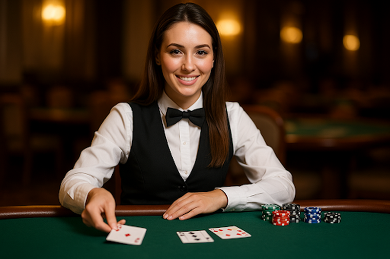 Funcionária de cassino simulando verificação de identidade na mesa de jogos, representando o processo de verificação na Stake